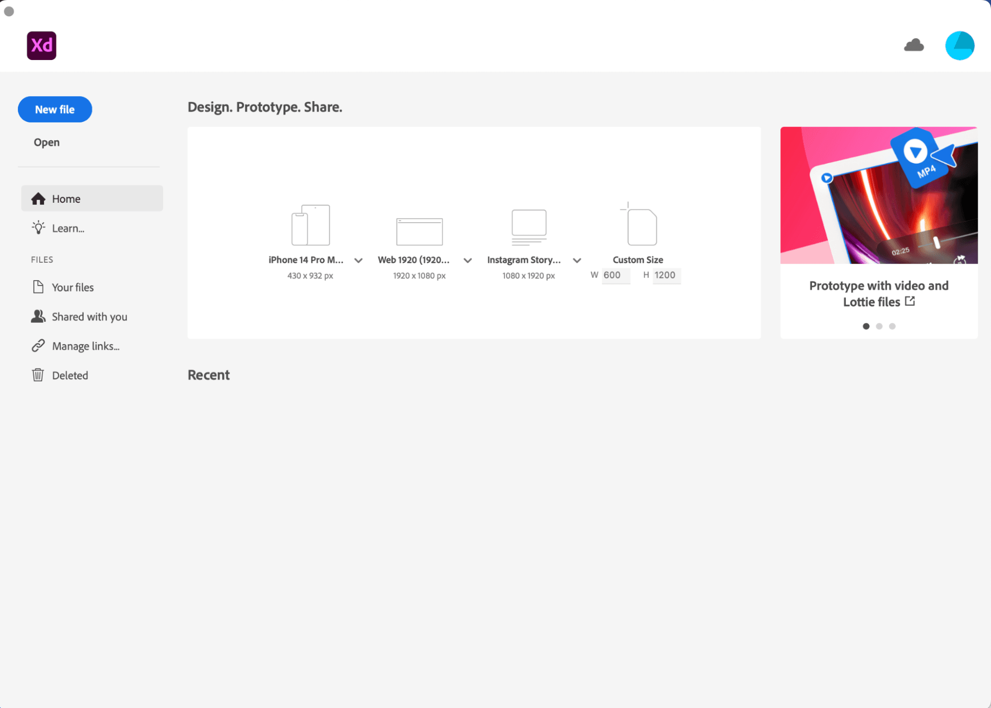 The Adobe XD home screen with a New file button and artboard presets for iPhone 14 Pro Max, Web 1920 and Instagram Story