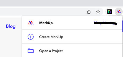 The MarkUp for Chrome extension dropdown showing the Create MarkUp and Open a Project options