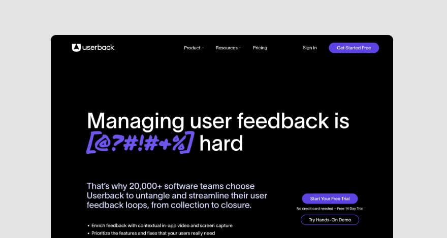 Userback's homepage.