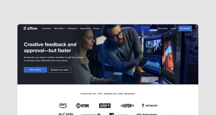 Ziflow's homepage, showing its creative collaboration and proofing platform.