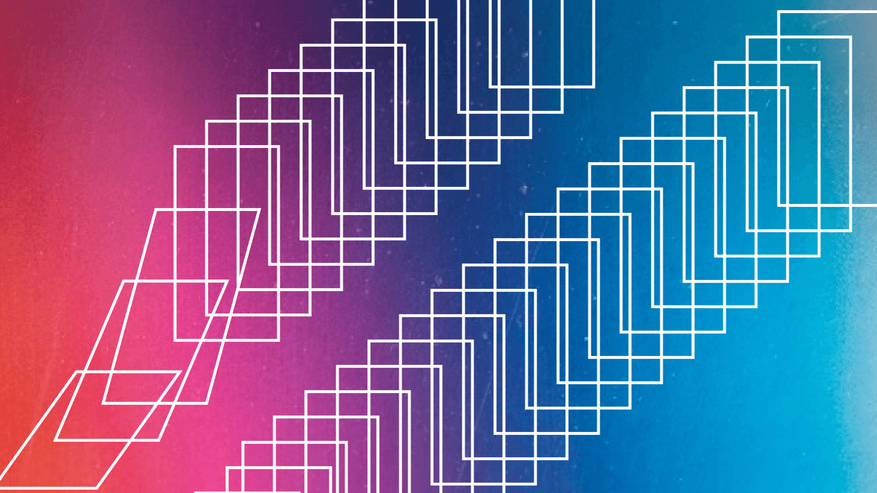 Overlapping white rectangular outlines forming a zigzag across a pink, purple and blue gradient