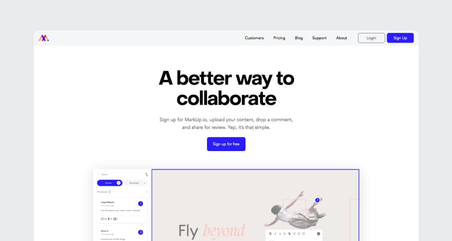 Homepage for MarkUp.io, a suitable Frame.io alternative