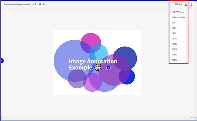 Adjusting the zoom level from the top right corner of the screen to resize an image in MarkUp.io