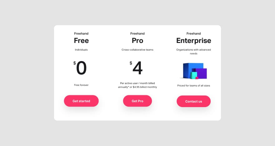 InVision Freehand's pricing page showing its Free, Pro and Enterprise plans.