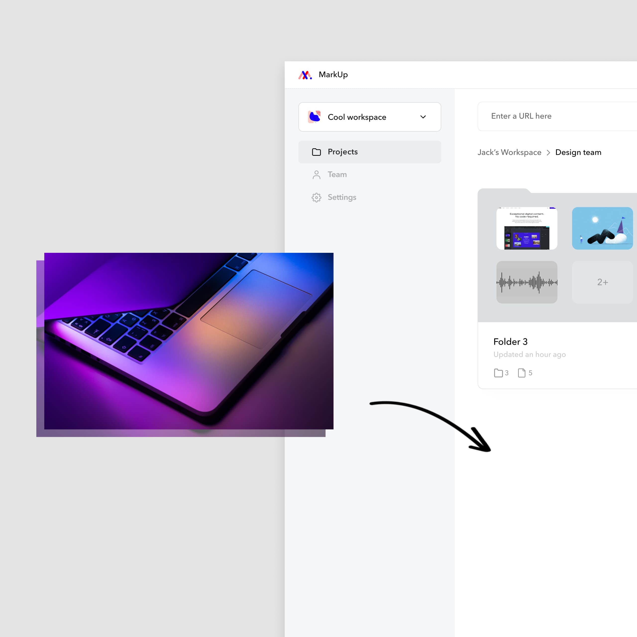 Representation of a purple-tinted image of a Macbook being dragged and dropped onto a Workspace.