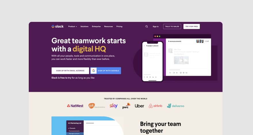 Slack's homepage.