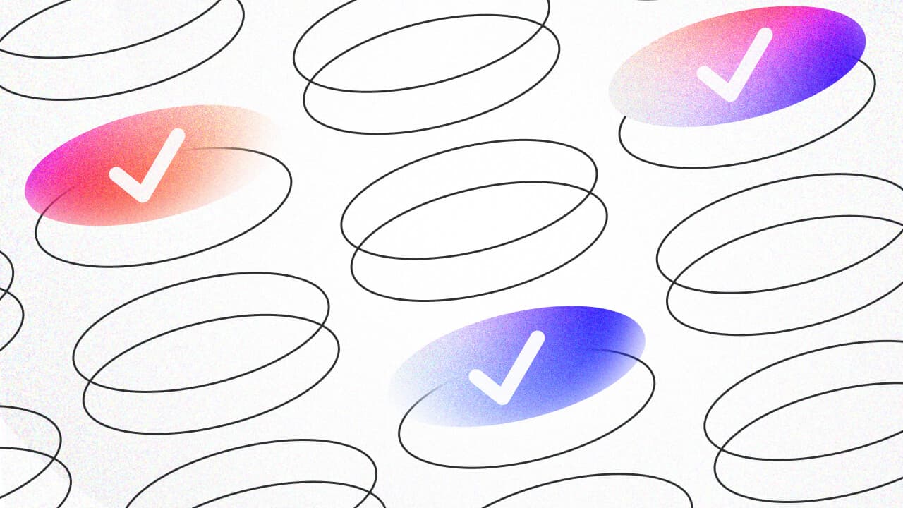 Hand-drawn checkbox ovals on a light background, three of them filled with pink and purple gradients and white check marks