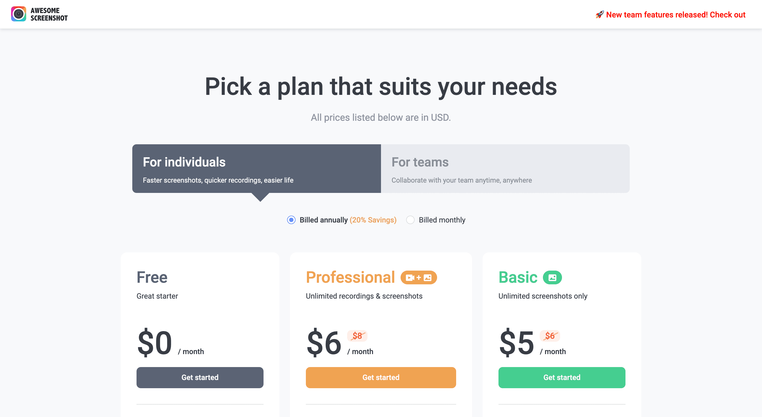 Awesome Screenshot's three pricing plans.