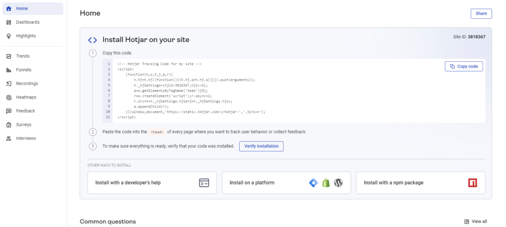 Hotjar Product Feedback Tool Website Homepage Screenshot of the website homepage of the product feedback tool Hotjar.