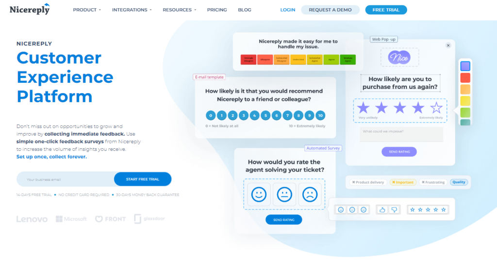 Nicereply Product Feedback Tool Website Homepage Screenshot of the website homepage of the product feedback tool Nicereply.