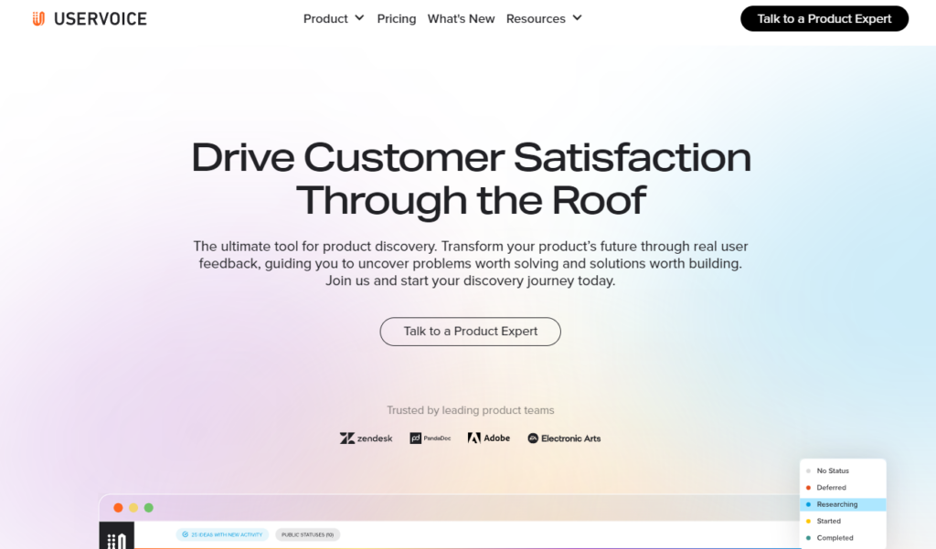 UserVoice Product Feedback Tool Website Homepage Screenshot of the website homepage of the product feedback tool UserVoice.