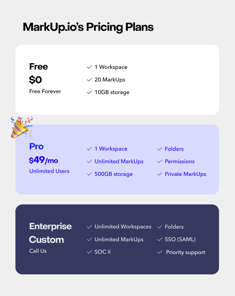 MarkUp.io pricing includes three plans: Free, Pro and Enterprise.