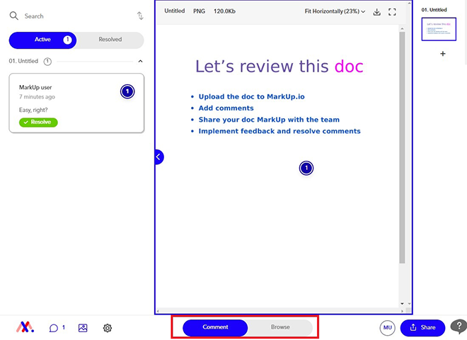 How to toggle on "Comment mode" on MarkUp.io