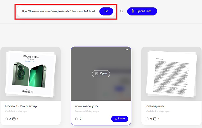 An example of HTLM annotation on MarkUp.io.