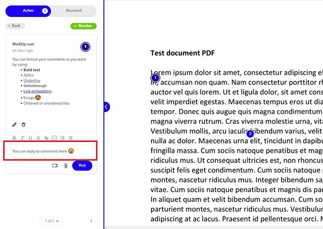 How to reply to PDF comments on MarkUp.io