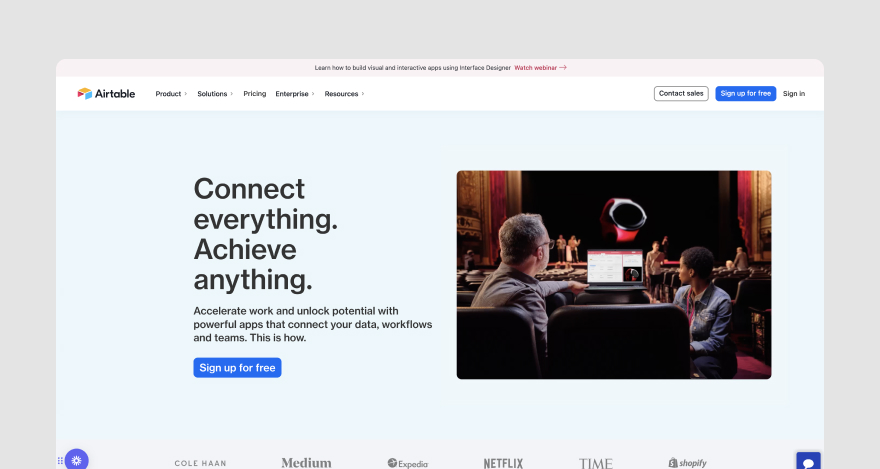 Homepage of workflow management software Airtable