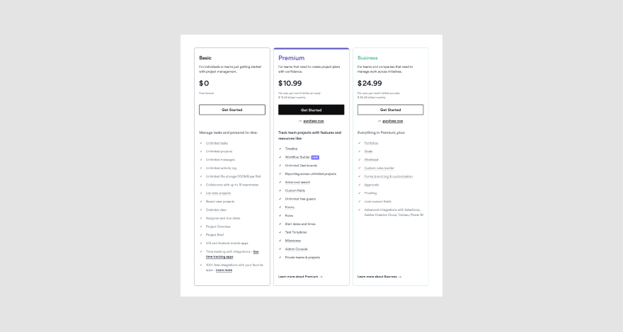 Pricing page for workflow management software Asana