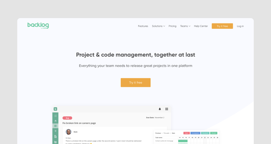 Homepage of workflow management software Backlog