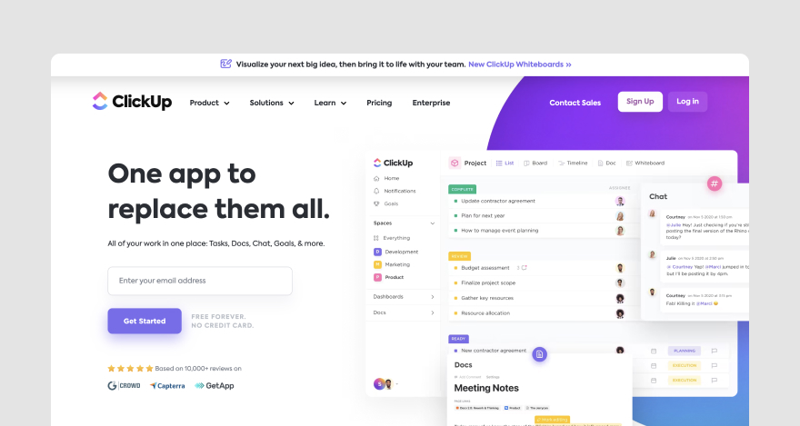 Homepage of workflow management software ClickUp