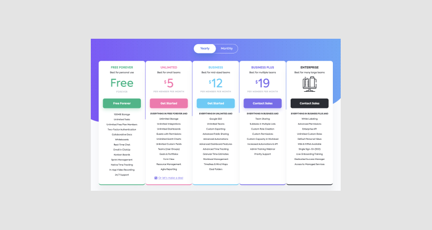 Pricing page for workflow management software ClickUp