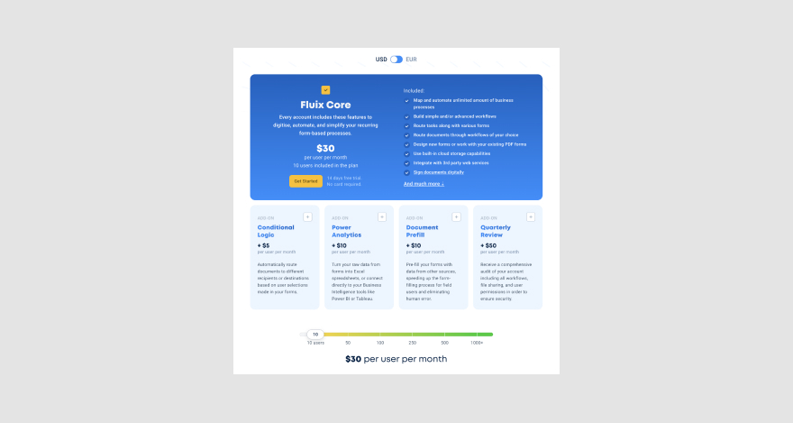 Pricing page for workflow management software Fluix