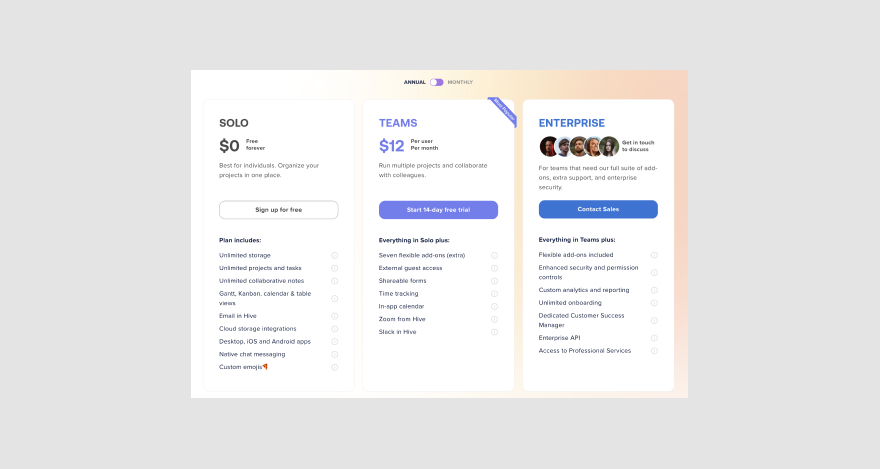 Pricing page for workflow management software Hive