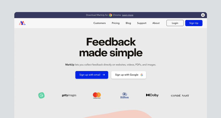 Homepage of workflow management software MarkUp.io