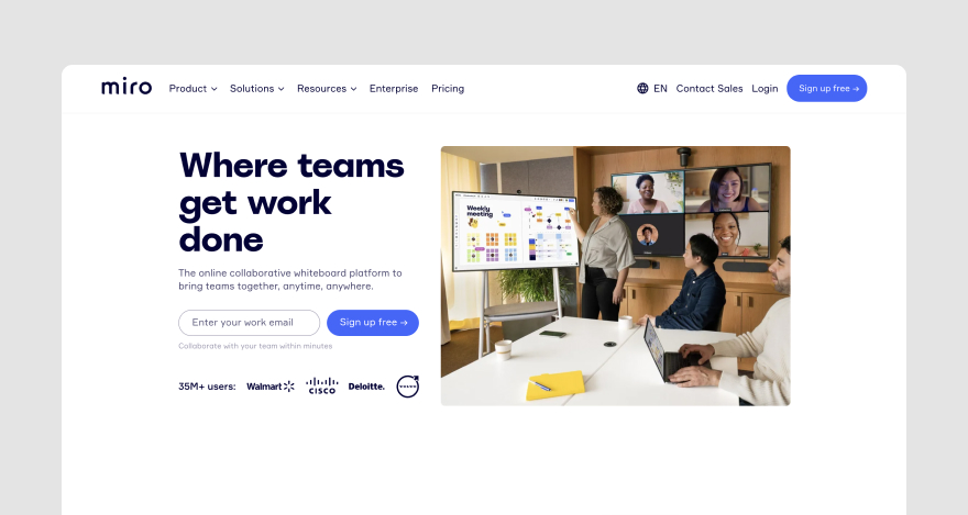 Homepage of workflow management software Miro