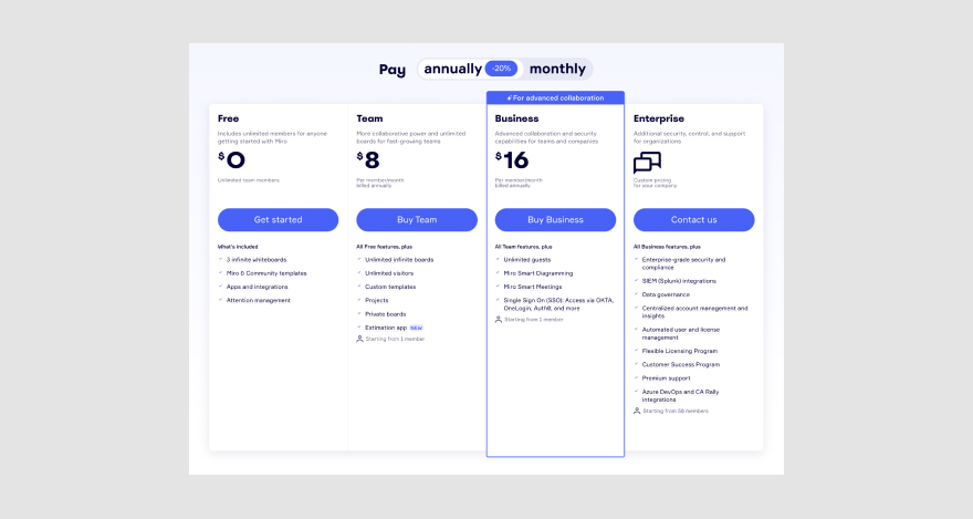 Pricing page for workflow management software Miro
