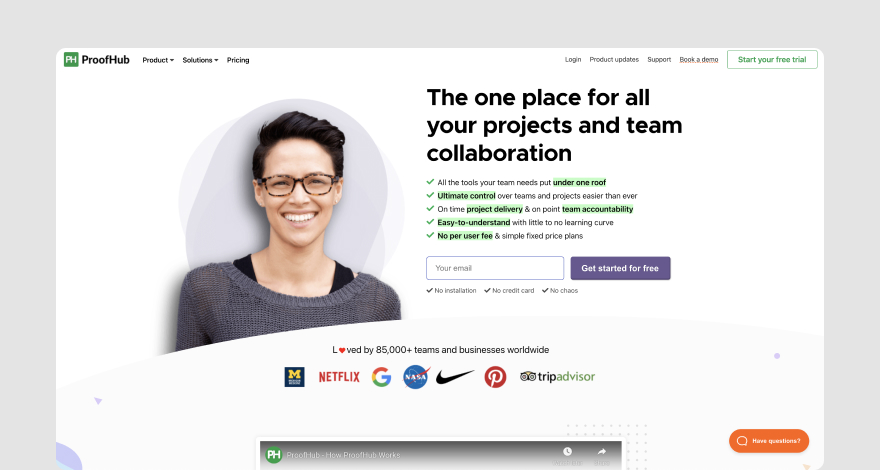 Homepage of workflow management software ProofHub
