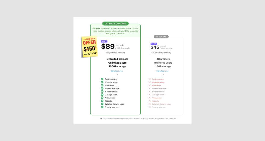 Pricing page for workflow management software ProofHub