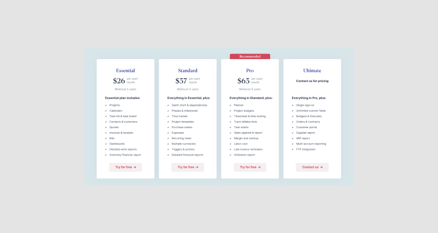 Pricing page for workflow management software Scoro