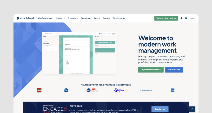 Homepage of workflow management software Smartsheet