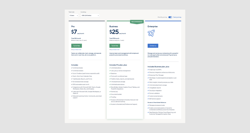 Pricing page for workflow management software Smartsheet