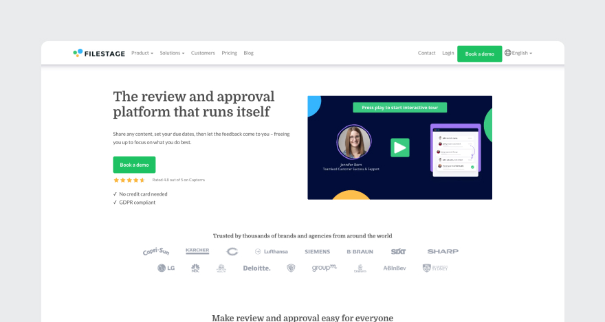 Homepage for Filestage, a Frame.io alternative.