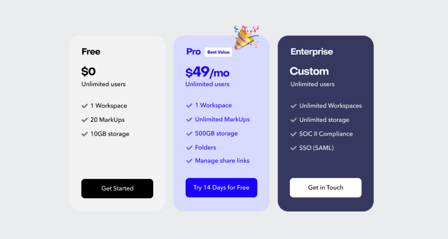 Pricing plans for Frame.io alternative, MarkUp.io.